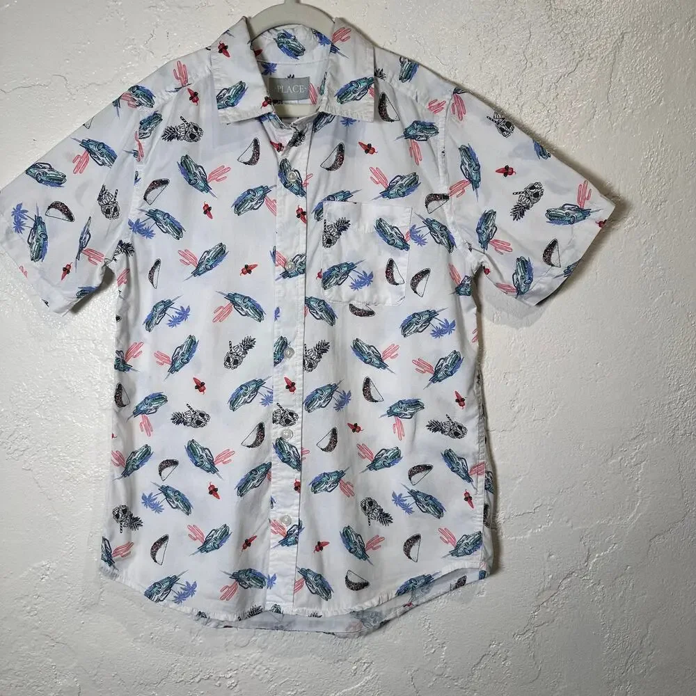 Children's Place Boys Large 10/12 Short Sleeve Button Down Cars Tacos Cactus